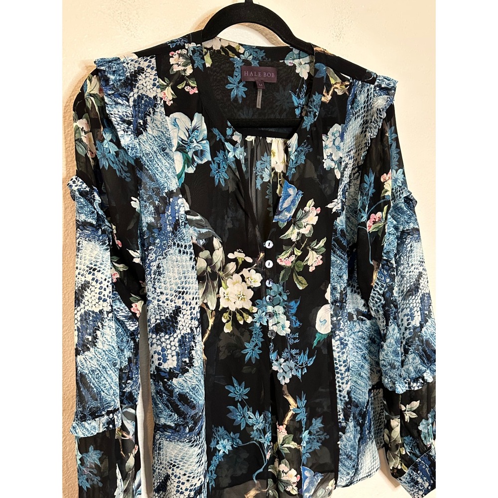 Hale Bob Silk Blouse Top Size M Black Blue Floral Snakeskin Beaded V-Neck Boho - Picture 4 of 11